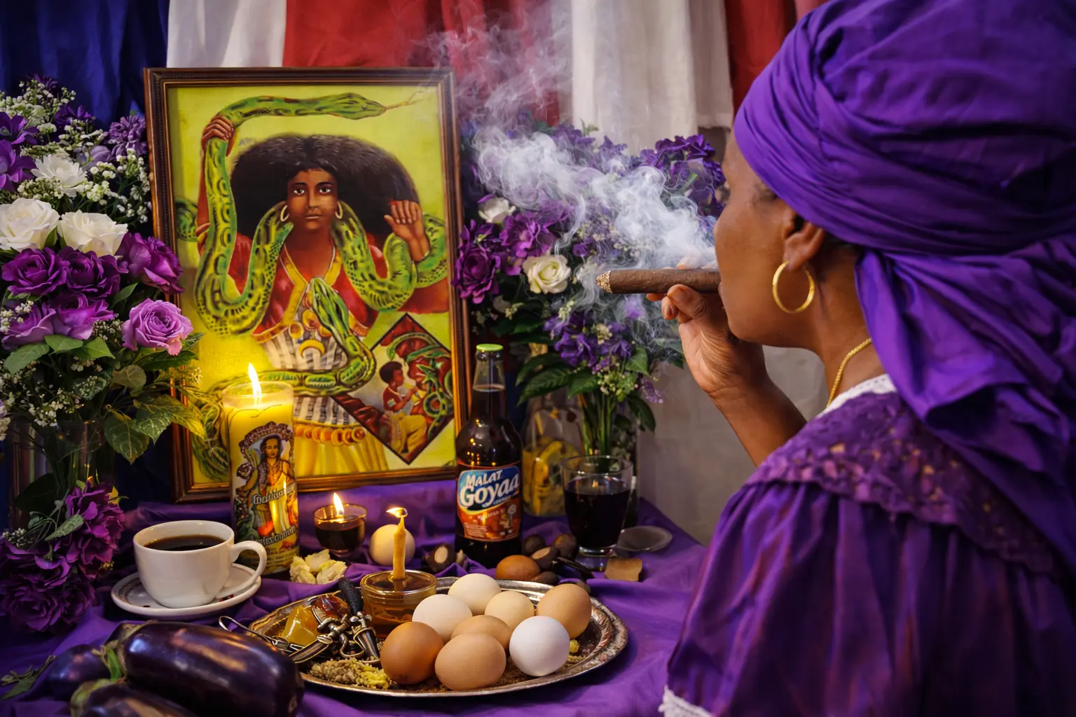 Altar completo para Santa Marta La Dominadora con velas, tabaco y ofrendas tradicionales