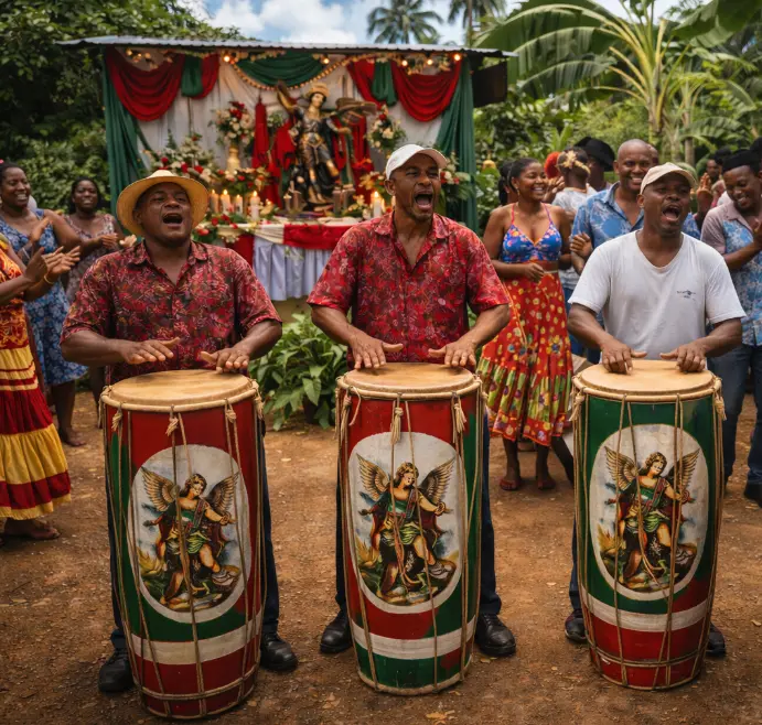 Fiesta espiritual de Belie Belcan con paleros en las 21 Divisiones Fiesta de palos dedicada a Belie Belcan y San Miguel Arcángel en la tradición de las 21 Divisiones con paleros, altar y celebración espiritual