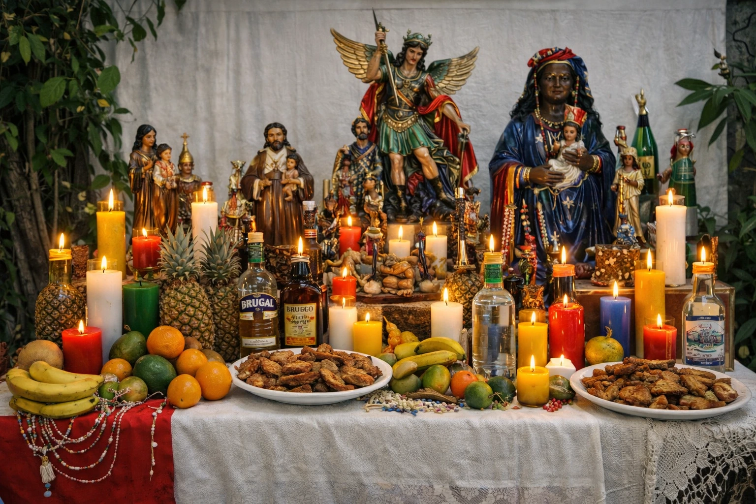 Altar tradicional con velas, santos y ofrendas