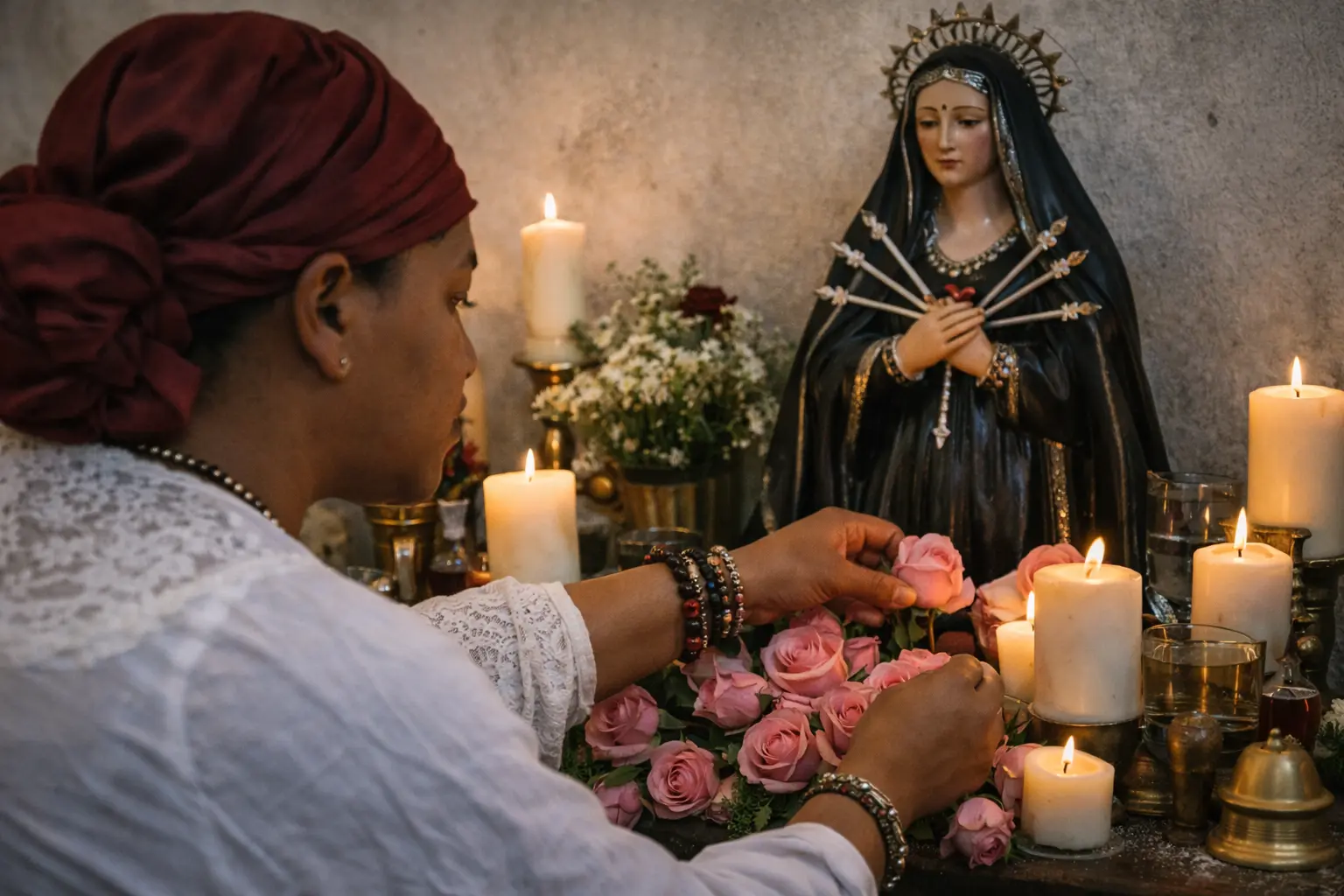 Equilibrio espiritual en las 21 Divisiones: servidora realizando un ritual de equilibrio con la Virgen de Dolores usando rosas rosadas en un altar tradicional