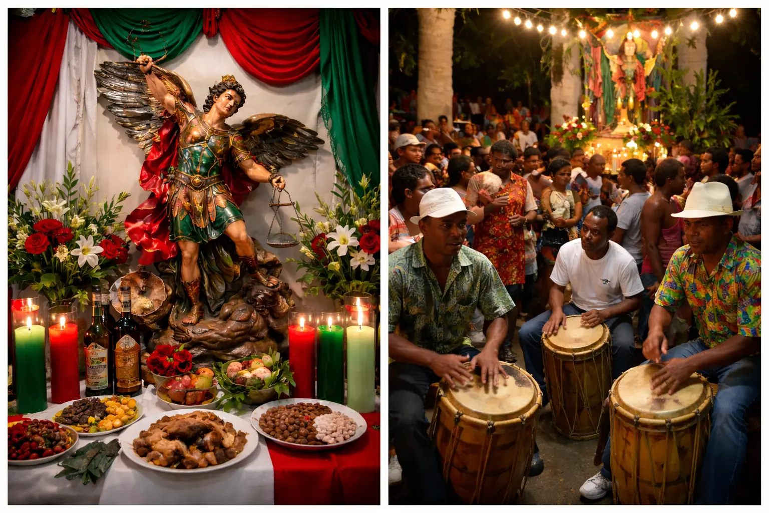 Belie Belcan y San Miguel Arcángel en altar tradicional de las 21 Divisiones Altar tradicional de Belie Belcan y San Miguel Arcángel en las 21 Divisiones con velas rojas, verdes y blancas, ofrendas y símbolos de justicia