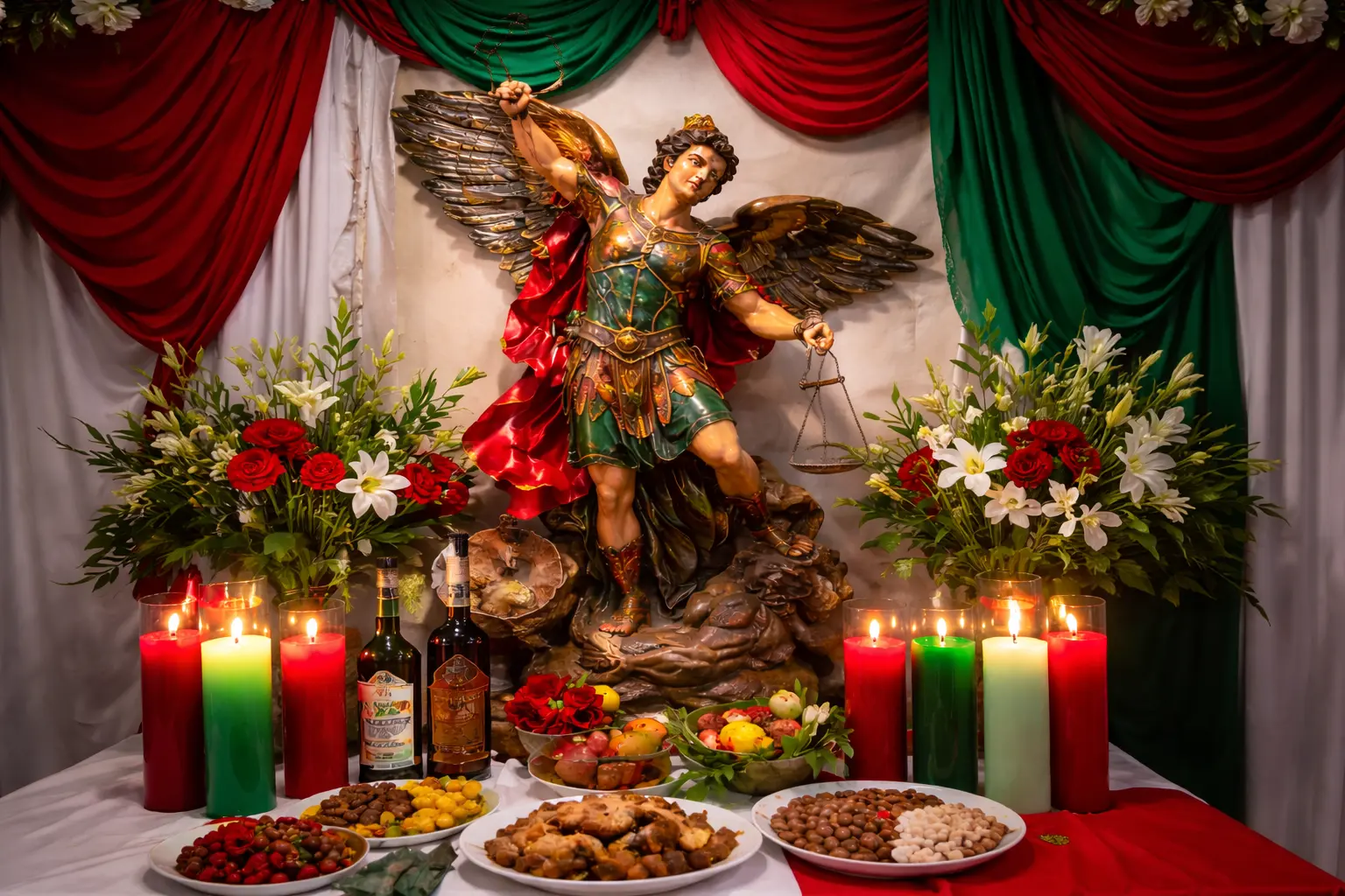 Cómo armar tu altar a Belie Belcan sin cometer los errores más comunes 2 Altar tradicional de Belié Belcán con imagen de San Miguel Arcángel, velas verdes y rojas