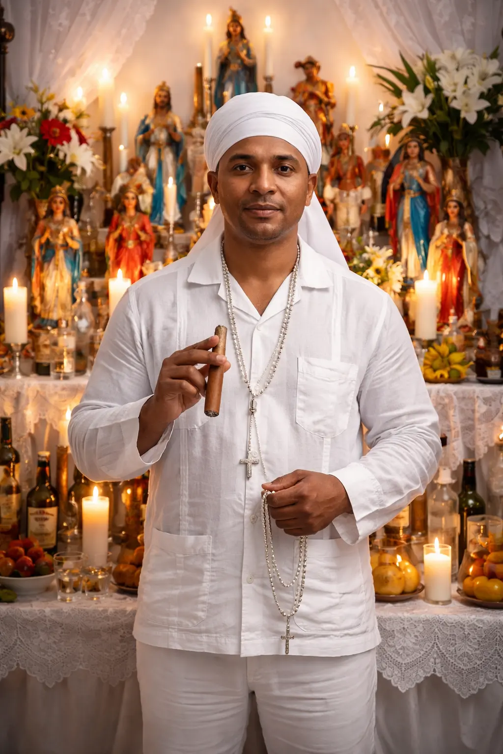 Servidor de la 21 División frente a su altar espiritual tradicional Qué son las 21 Divisiones-Servidor de las 21 Divisiones delante de su altar tradicional, vestido de blanco, con velas y ofrendas espirituales