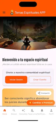 Pantalla principal de la app Temas Espirituales con contenido de guía espiritual y crecimiento interior