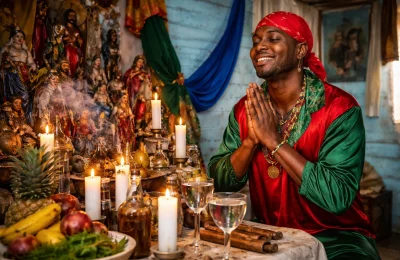 Servidor de misterios en su altar de 21 division/santeria dominicana.