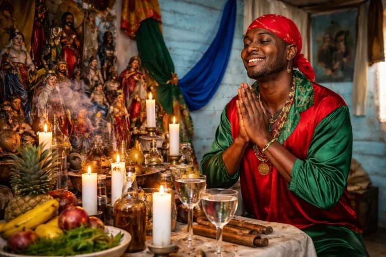 Servidor de misterios en su altar de 21 division/santeria dominicana.