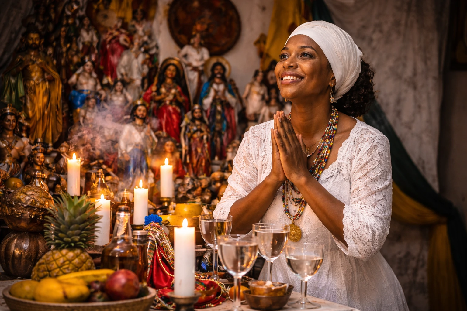 Altar de santería dominicana con velas, flores e imágenes de santos católicos sincretizados con misterios de la 21 División