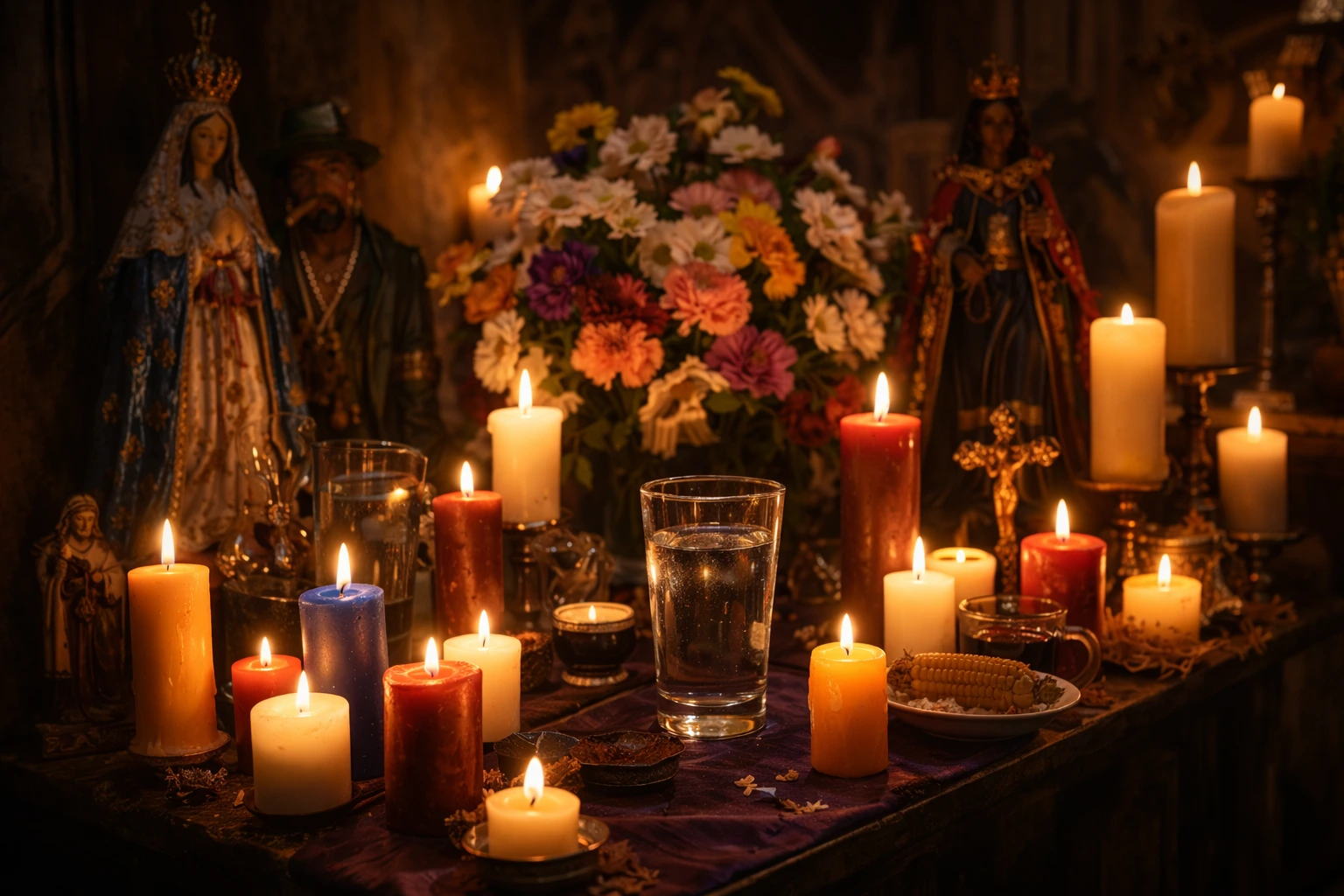 Altar de las 21 Divisiones con velas encendidas durante la Cuaresma, representando comunión continua con los Misterios