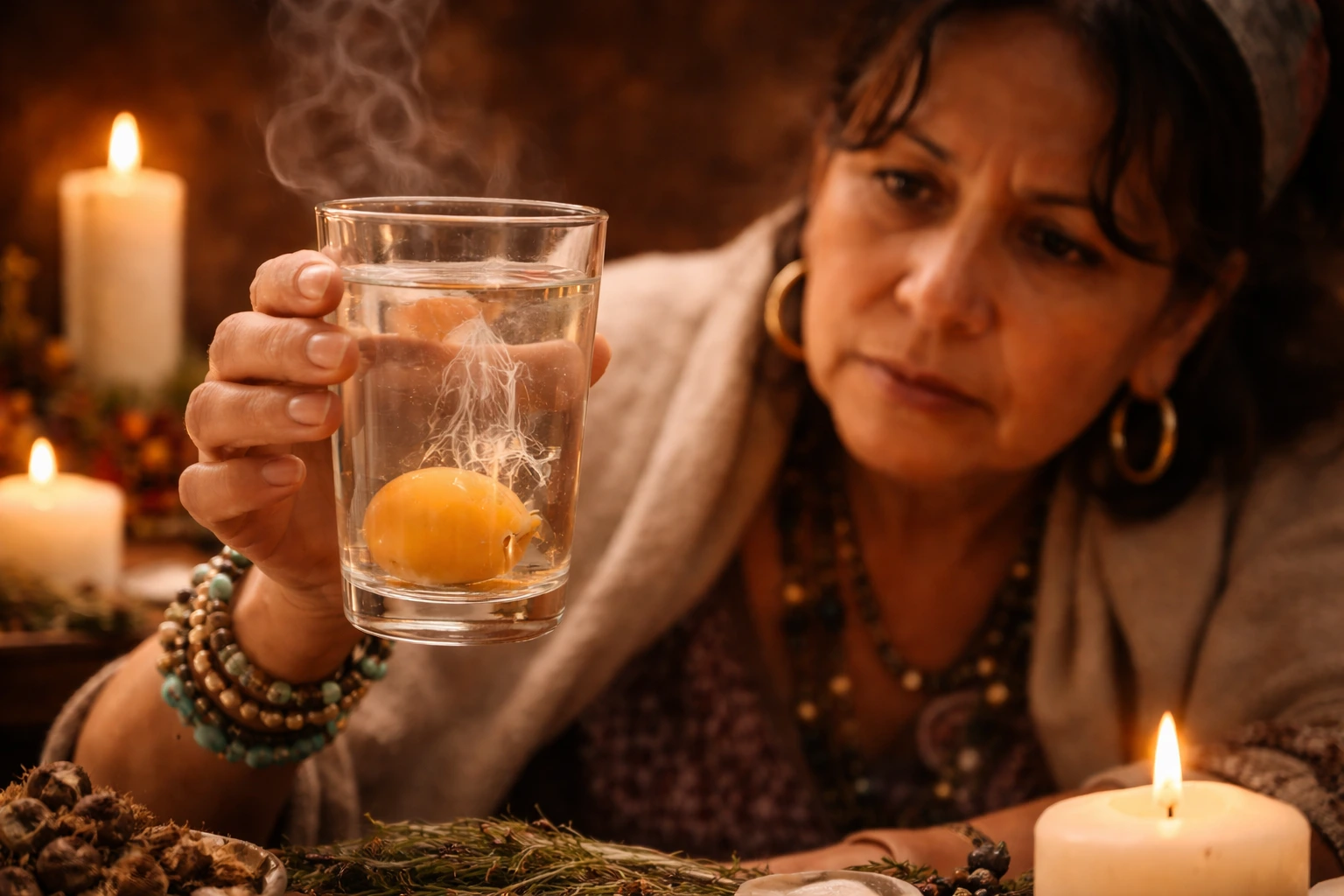 Cómo detectar el mal de ojo con limpia de huevo Curandera analizando huevo en vaso con agua para detectar mal de ojo