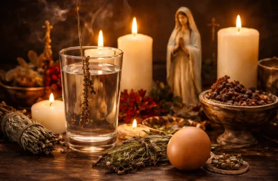 Altar con vaso de agua y huevo para quitar el mal de ojo.