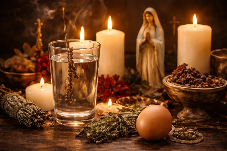 Altar con vaso de agua y huevo para quitar el mal de ojo.