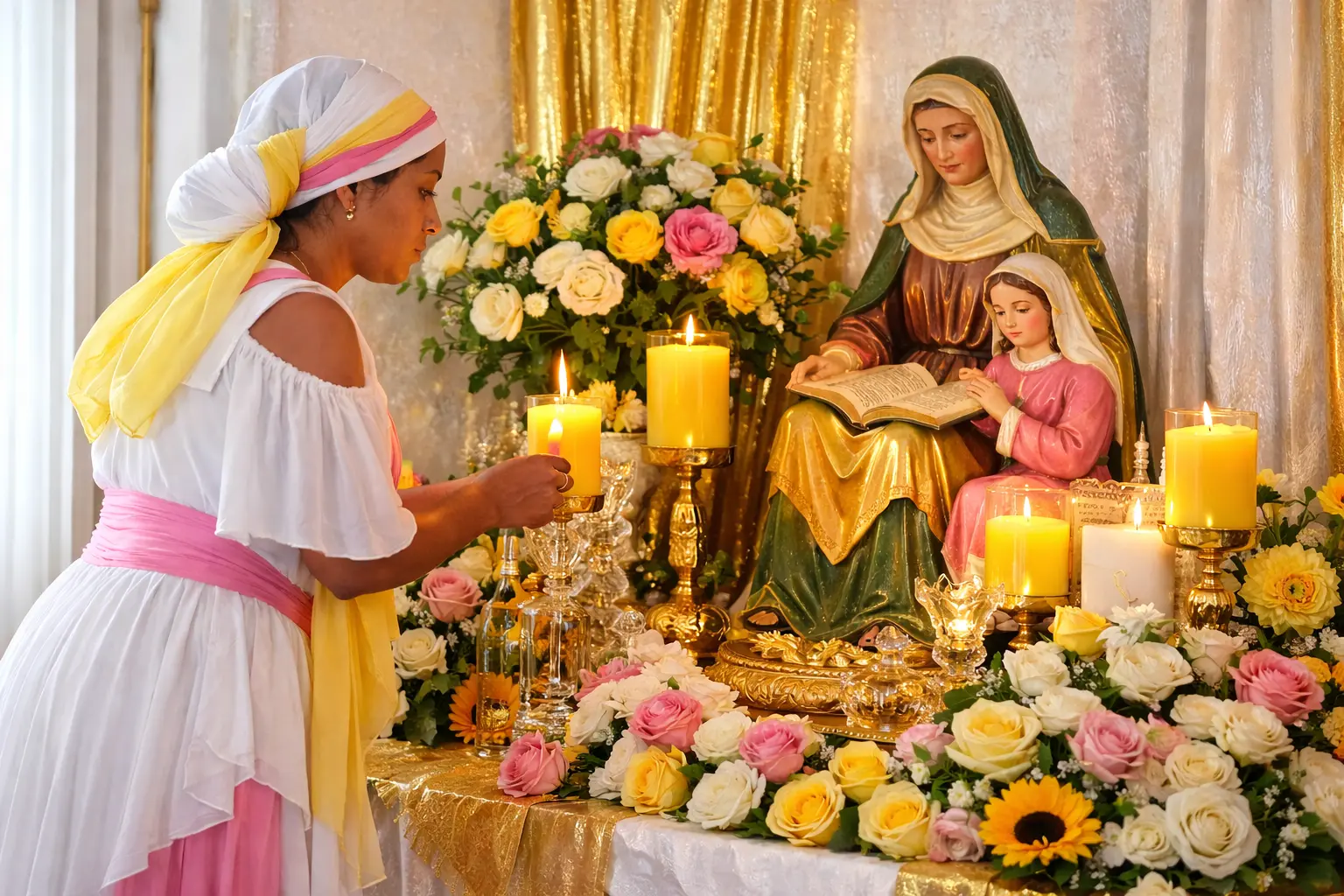 Servidora vestida de blanco, amarillo y rosado atendiendo a Santa Ana en su altar espiritual de la 21 División
