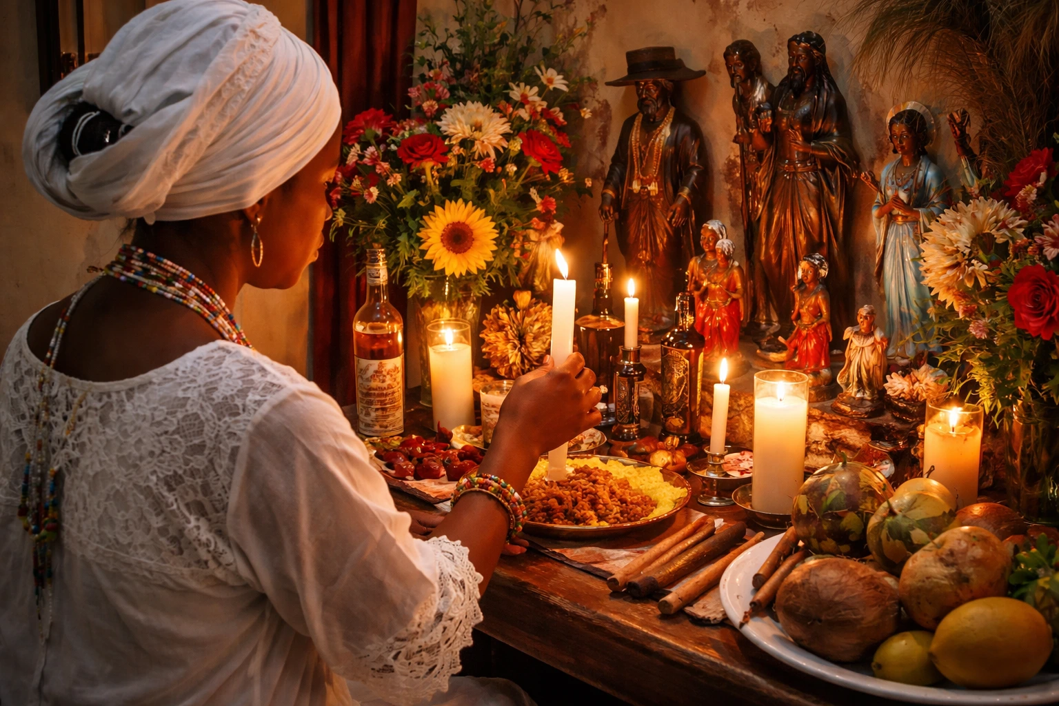 Dominican Vodou practitioner paying homage at a home altar to the 21 Divisions spirits