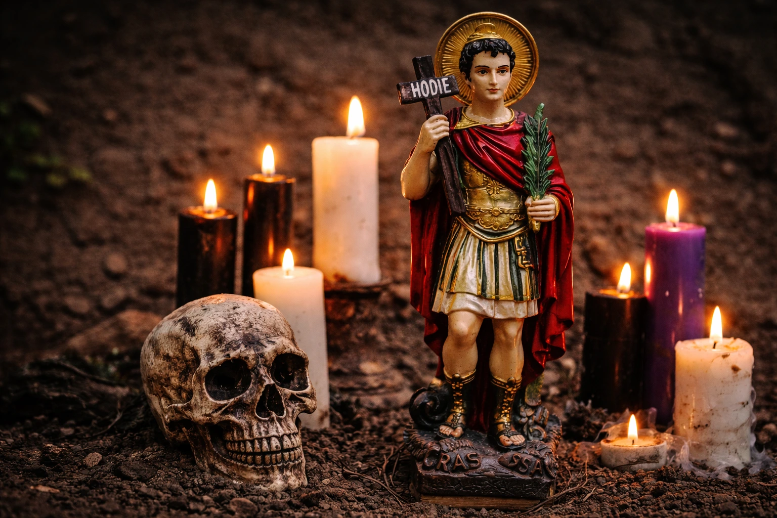 statue of Saint Expedite holding a cross symbolizing urgent faith