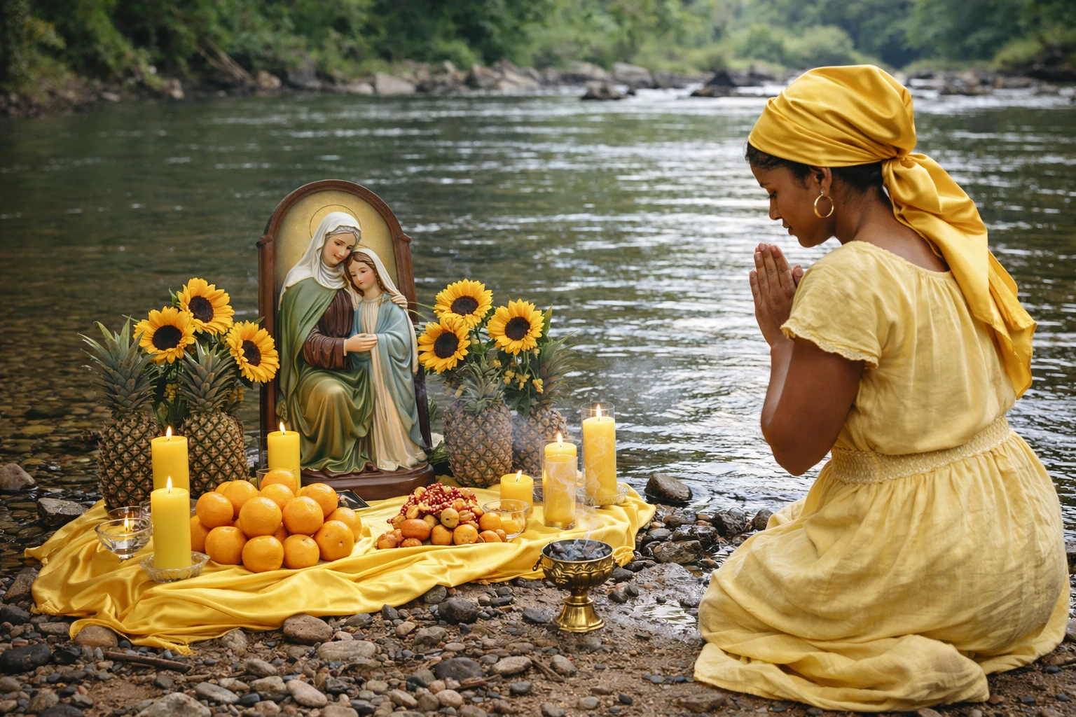 Traditional Catholic altar dedicated to Saint Anne with statue and flowers, representing the syncretism with Anaisa Pyé