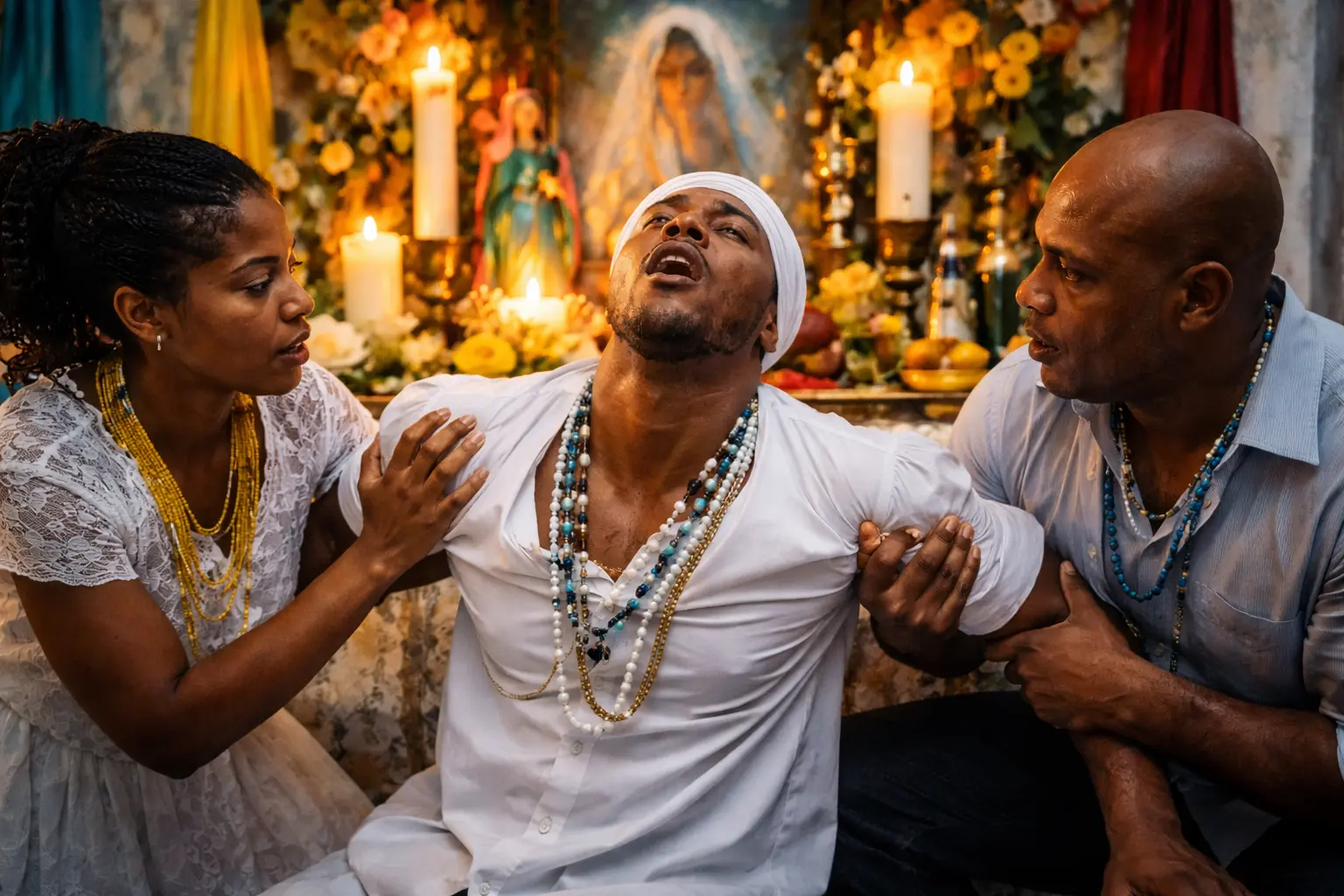 Altar de la 21 division con velas encendidas y elementos naturales, representando la conexión espiritual