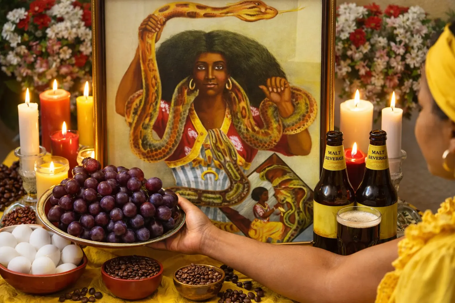 Santa Marta spirit altar in Dominican Vodou tradition altar dedicated to Santa Marta spirit with candles and offerings