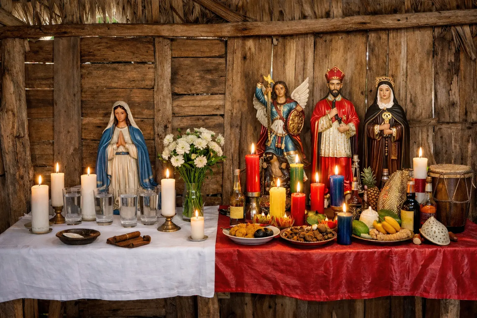 Sanse Altar vs 21 divisions Altar - Visual Differences Visual comparison between a Sanse altar (left) and a 21 divisions altar (right) showing differences in candles, offerings, and symbols