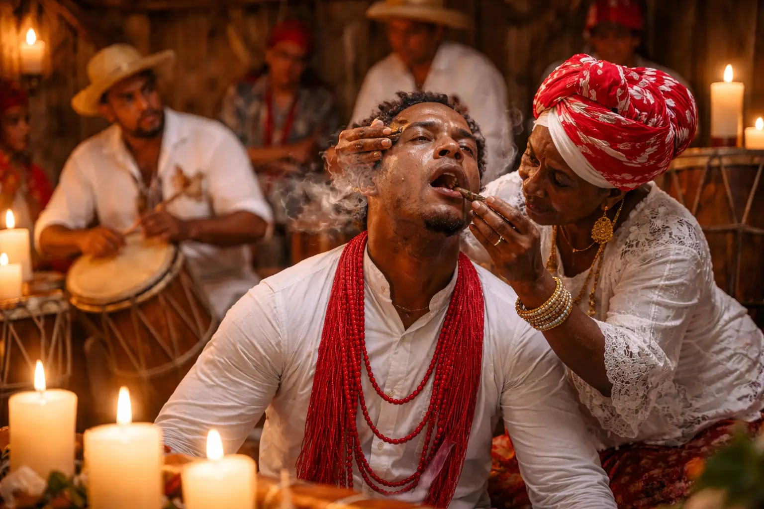 Spiritual possession (montarse) in the 21 divisions - The Mystery takes the horse's body Spiritual possession in the 21 divisions where a mystery rides its horse during a drum ceremony, representing the direct connection with the divine