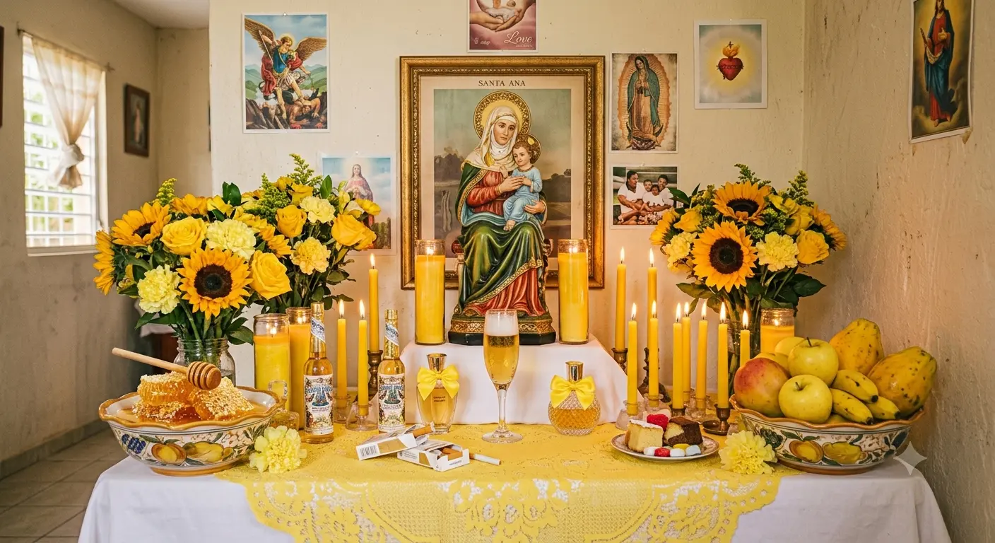 Anaisa Pye Altar: Complete Guide & What to Offer Her 2 Traditional Anaisa Pye altar with an image of Saint Anne, yellow candles, and fresh flowers