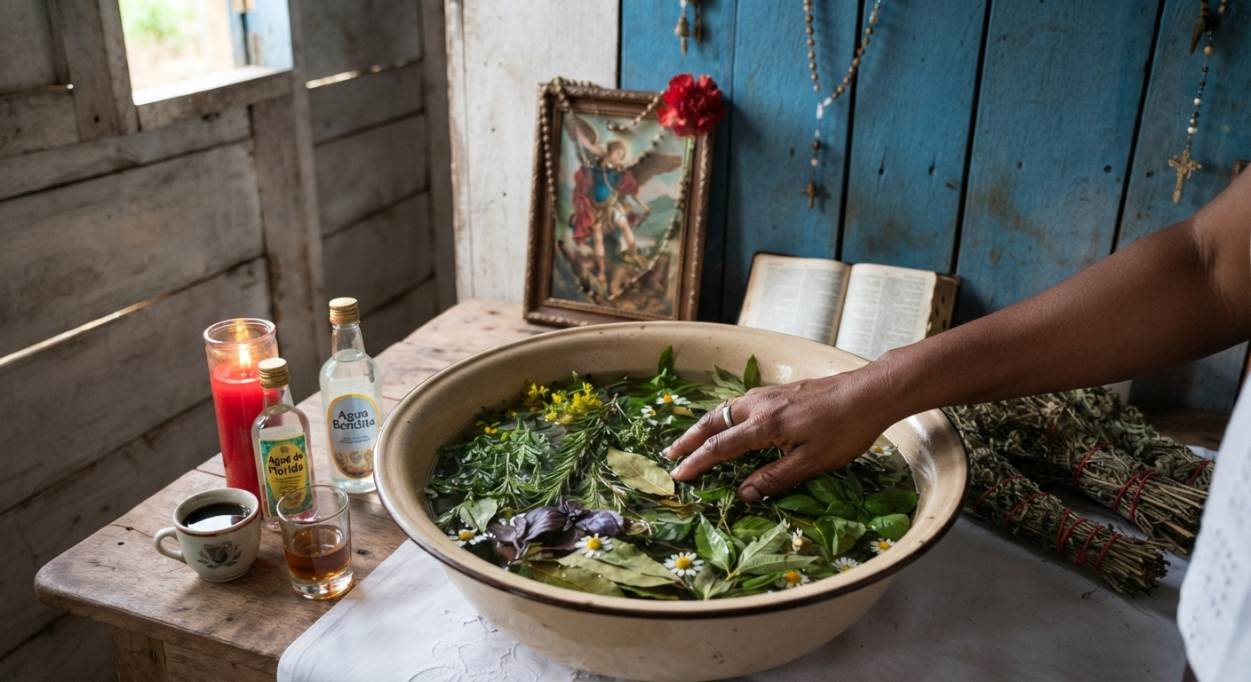 Spiritual bath with cinnamon basil, mint, and holy basil Preparing a spiritual herbal bath for Belié Belcán